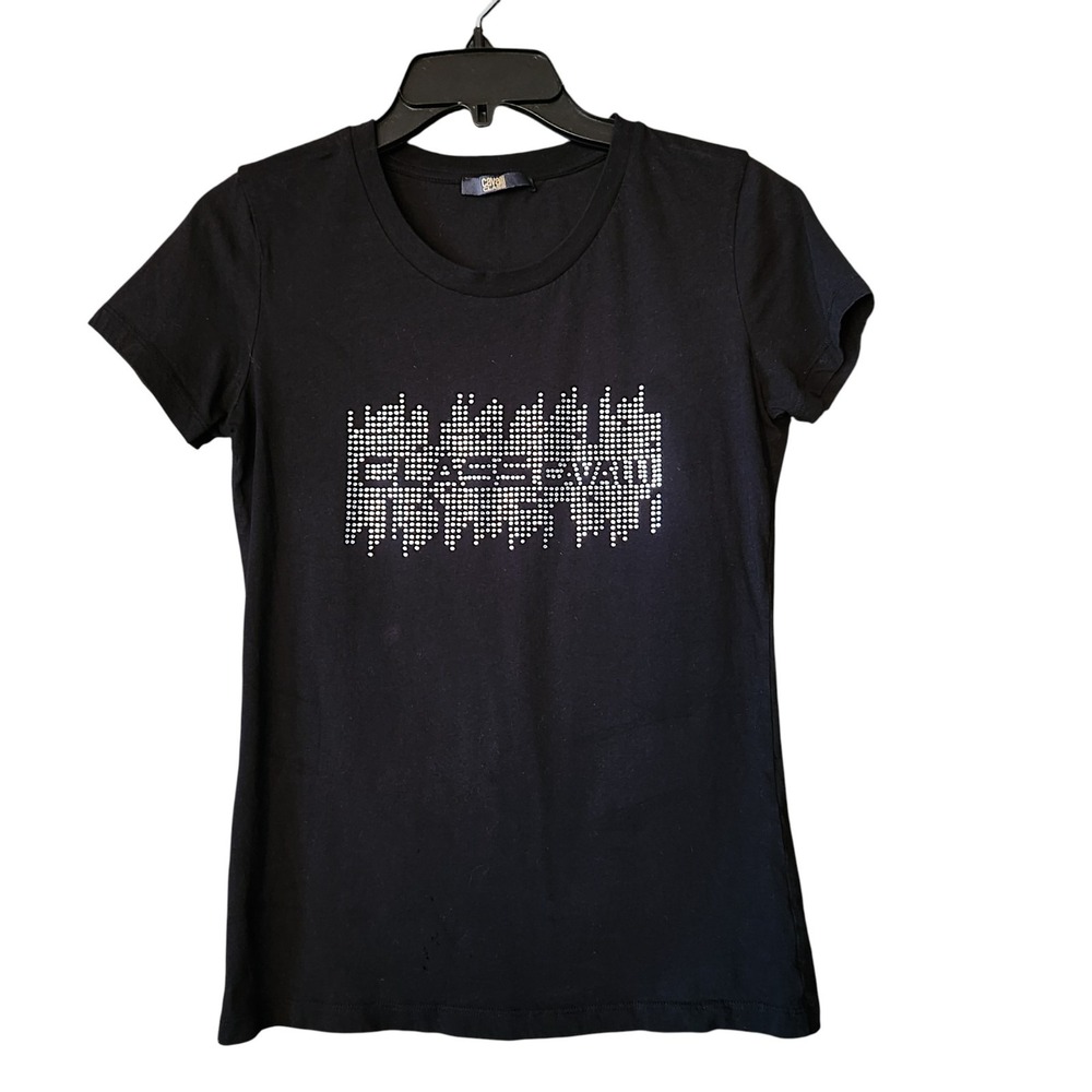 Roberto Cavalli Class T-Shirt Women's M Black Rhinestone Short Sleeves